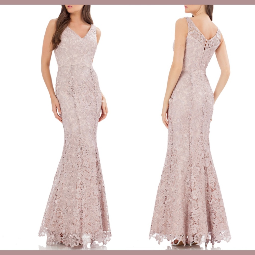 NWT JS Collections [ 12‎ ] Lace Embroidered V Neck Mermaid Gown Blush